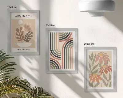 3-piece abstract wall art set featuring plants and patterns in pastel colors