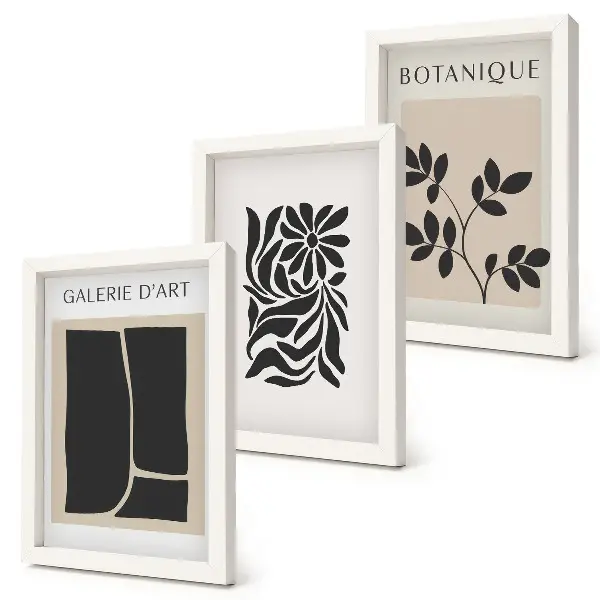 Photo frame wall gallery with abstract plant patterns and geometric shapes