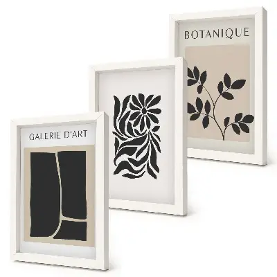 Photo frame wall gallery with abstract plant patterns and geometric shapes