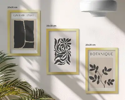 Photo frame wall gallery with abstract plant patterns and geometric shapes