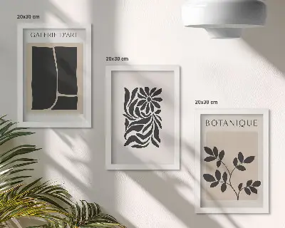 Photo frame wall gallery with abstract plant patterns and geometric shapes