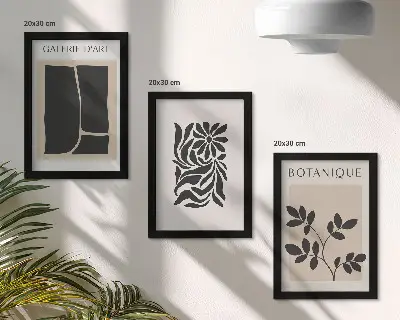Photo frame wall gallery with abstract plant patterns and geometric shapes