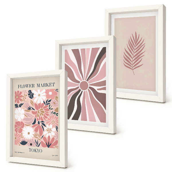 Framed triptych Floral patterns with leaves and geometric shapes