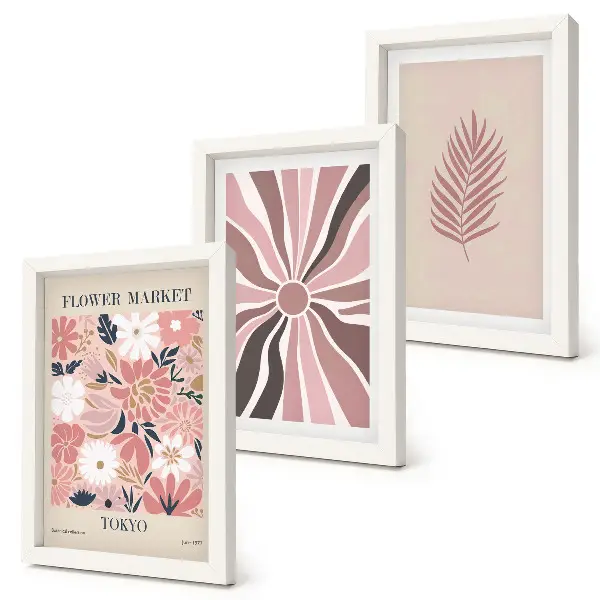 Floral patterns with leaves and geometric shapes framed triptych wall art