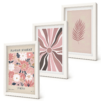 Framed triptych Floral patterns with leaves and geometric shapes