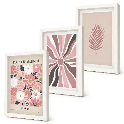 Floral patterns with leaves and geometric shapes framed triptych wall art