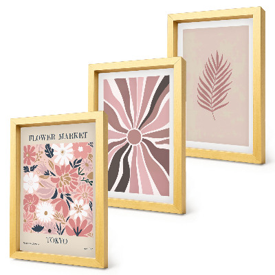 Framed triptych Floral patterns with leaves and geometric shapes