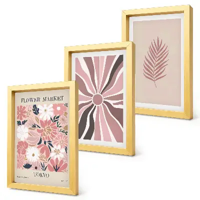 Floral patterns with leaves and geometric shapes framed triptych wall art