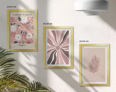 Floral patterns with leaves and geometric shapes framed triptych wall art