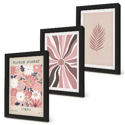 Framed triptych Floral patterns with leaves and geometric shapes
