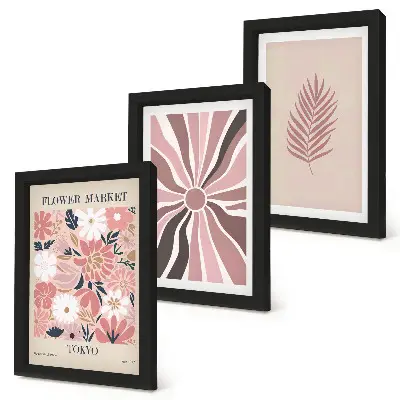 Floral patterns with leaves and geometric shapes framed triptych wall art