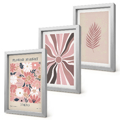 Framed triptych Floral patterns with leaves and geometric shapes