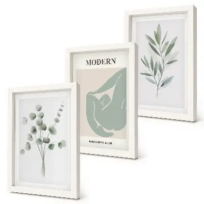 Photo frame wall with plant motifs in delicate shades of green