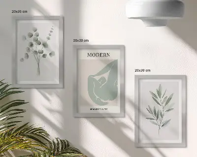 Photo frame wall with plant motifs in delicate shades of green