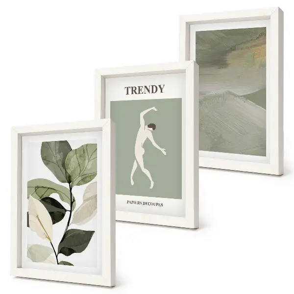 Photo frame wall with plant patterns, silhouettes, and abstract forms