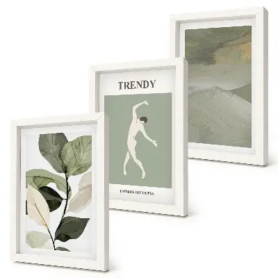 Photo frame wall with plant patterns, silhouettes, and abstract forms