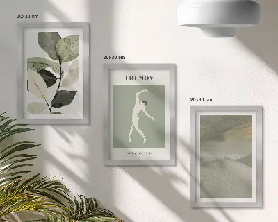 Photo frame wall with plant patterns, silhouettes, and abstract forms