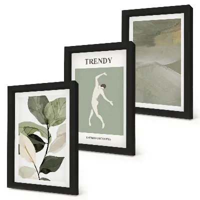 Photo frame wall with plant patterns, silhouettes, and abstract forms