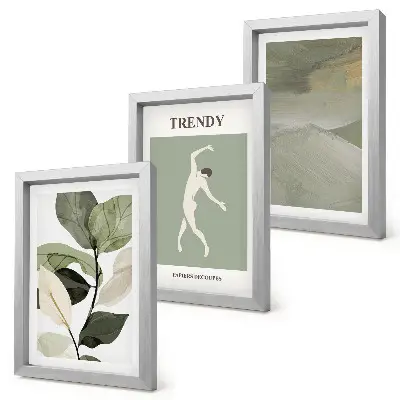 Photo frame wall with plant patterns, silhouettes, and abstract forms