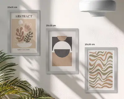 Abstract shapes and patterns in subdued colors framed triptych