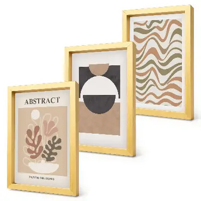 Abstract shapes and patterns in subdued colors framed triptych