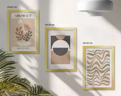 Abstract shapes and patterns in subdued colors framed triptych