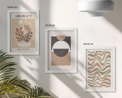 Abstract shapes and patterns in subdued colors framed triptych