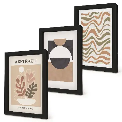 Abstract shapes and patterns in subdued colors framed triptych