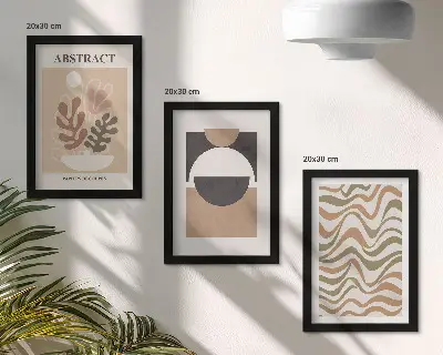 Abstract shapes and patterns in subdued colors framed triptych