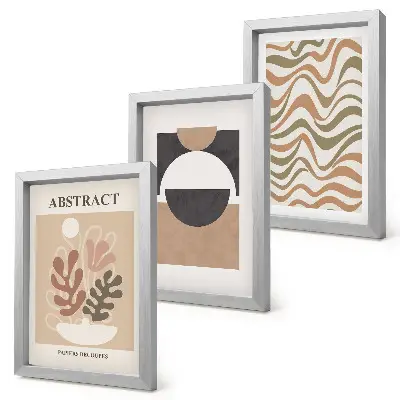 Abstract shapes and patterns in subdued colors framed triptych