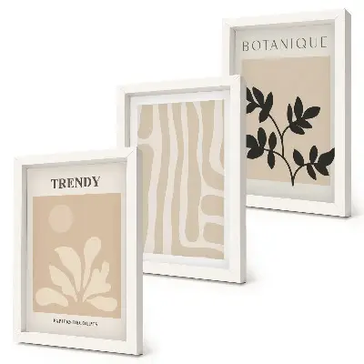 Photo frame wall with stylish plant patterns in shades of beige and black