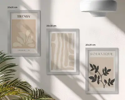Photo frame wall with stylish plant patterns in shades of beige and black