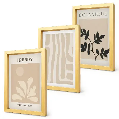 Photo frame wall with stylish plant patterns in shades of beige and black