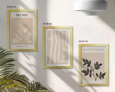 Photo frame wall with stylish plant patterns in shades of beige and black