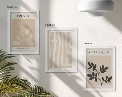 Photo frame wall with stylish plant patterns in shades of beige and black