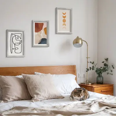 Photo frame wall with abstract shapes and fashionable colorful decorations