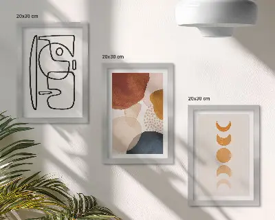 Photo frame wall with abstract shapes and fashionable colorful decorations
