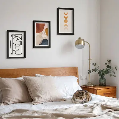 Photo frame wall with abstract shapes and fashionable colorful decorations