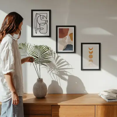 Photo frame wall with abstract shapes and fashionable colorful decorations