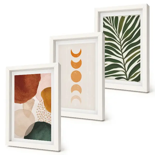 Abstract shapes and leaves triptych framed in warm colors