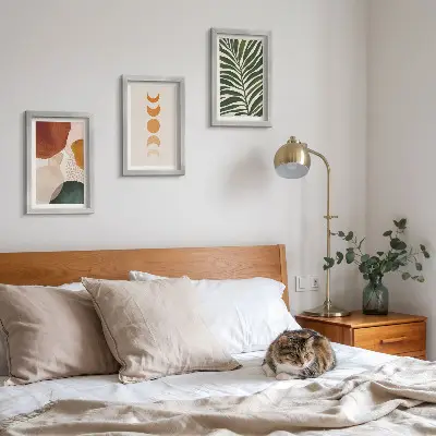 Abstract shapes and leaves triptych framed in warm colors