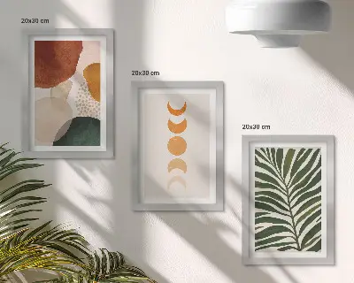 Abstract shapes and leaves triptych framed in warm colors