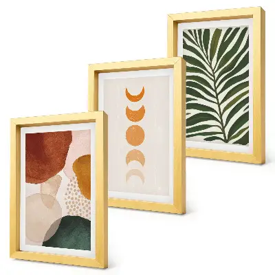 Abstract shapes and leaves triptych framed in warm colors