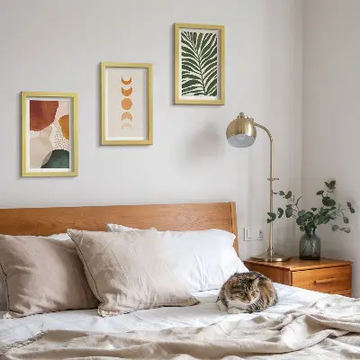 Abstract shapes and leaves triptych framed in warm colors