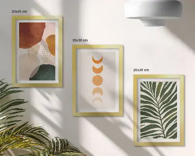 Abstract shapes and leaves triptych framed in warm colors