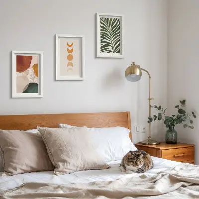 Abstract shapes and leaves triptych framed in warm colors