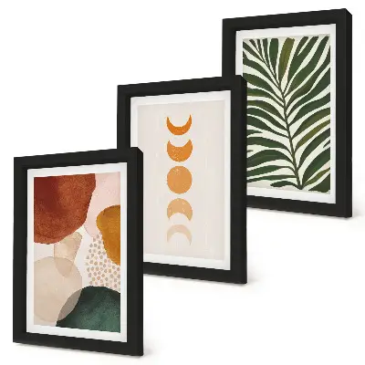 Abstract shapes and leaves triptych framed in warm colors