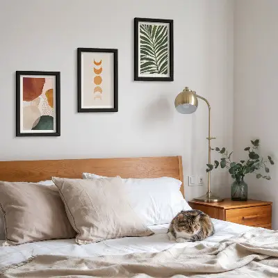 Abstract shapes and leaves triptych framed in warm colors