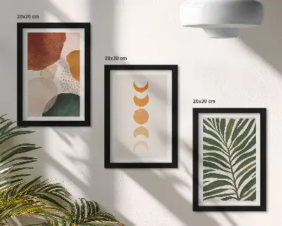 Abstract shapes and leaves triptych framed in warm colors