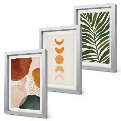 Abstract shapes and leaves triptych framed in warm colors